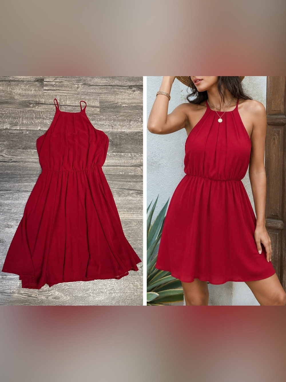 Miami Burgundy Halter Mini Dress Flowy Pleated Sleeveless Party Dress